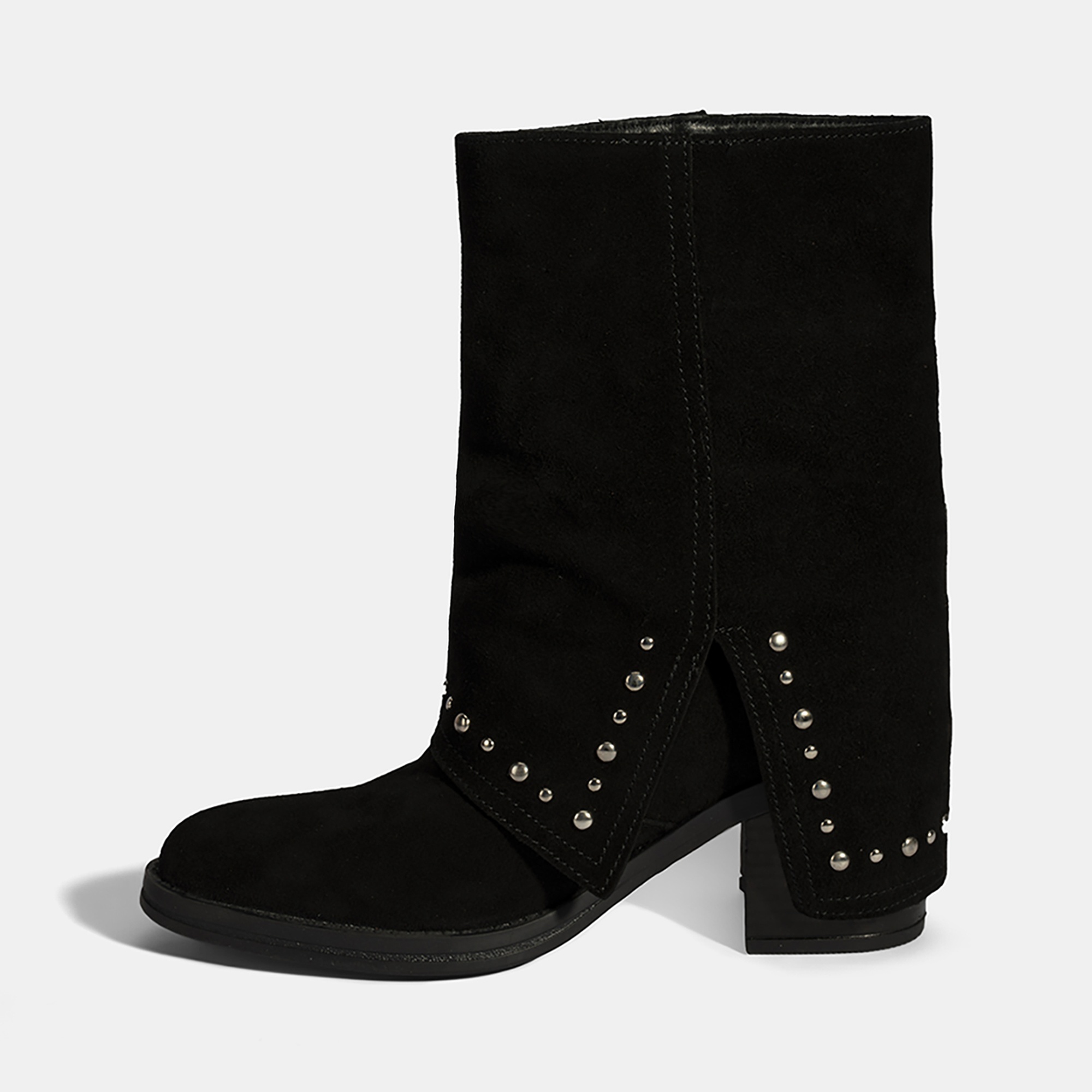 Kadın Siyah Zımba Detaylı Kalın Topuklu Süet Bot