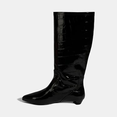  Kadın Siyah Kroko Baskılı İnce Topuklu Rugan Deri Çizme