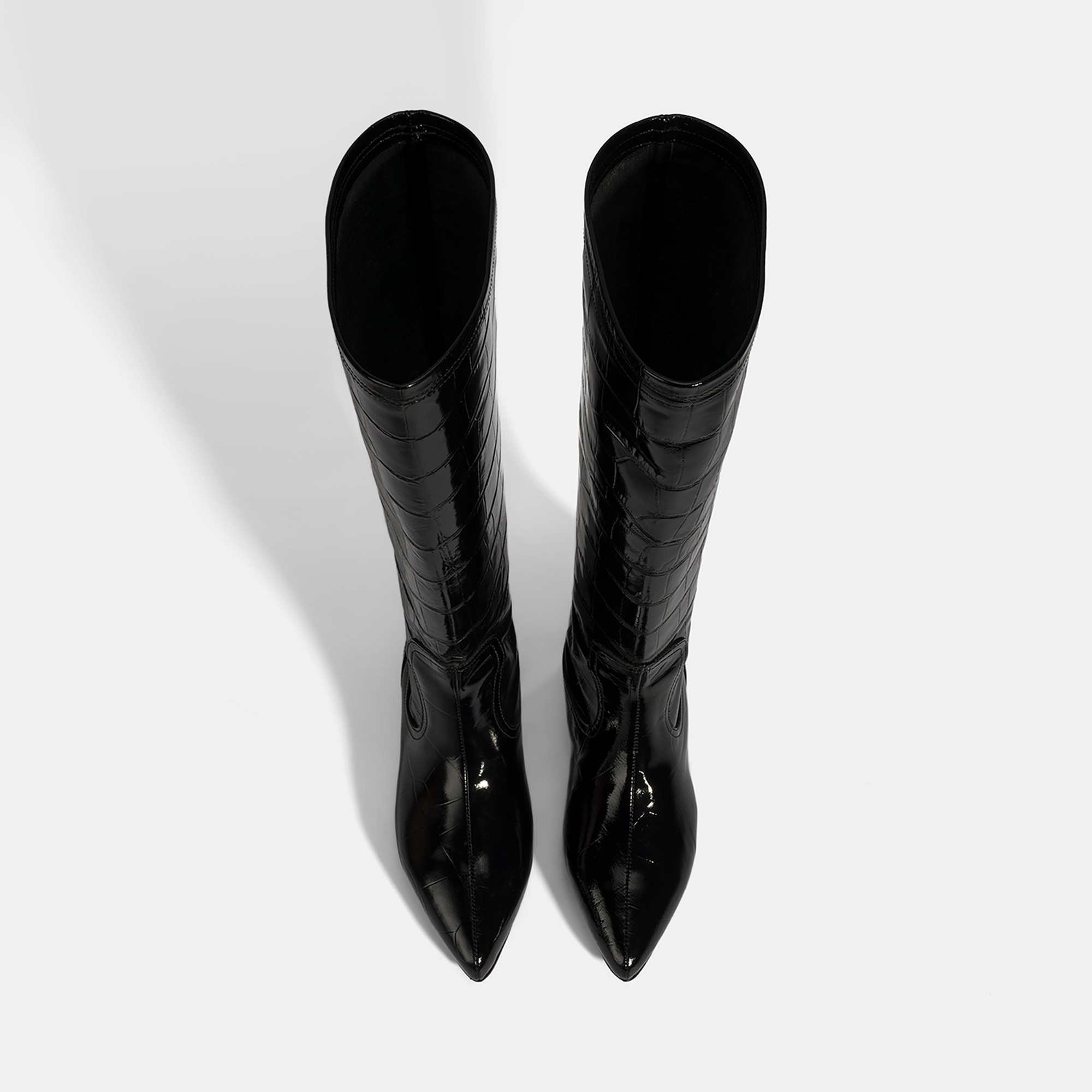 Kadın Siyah Kroko Baskılı İnce Topuklu Rugan Deri Çizme