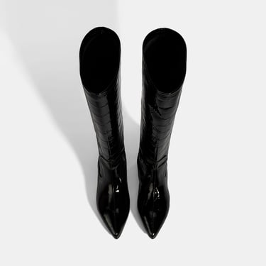  Kadın Siyah Kroko Baskılı İnce Topuklu Rugan Deri Çizme