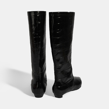  Kadın Siyah Kroko Baskılı İnce Topuklu Rugan Deri Çizme