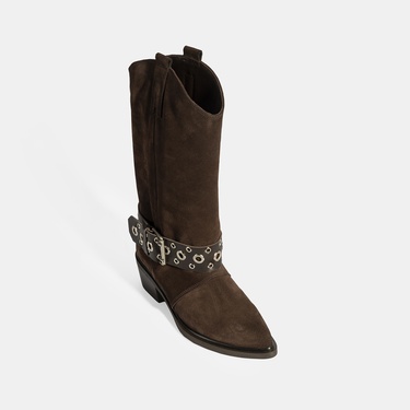  Kadın Kahve Ayarlanabilir Kemer Aksesuarlı Süet Bot