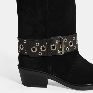  Kadın Siyah Ayarlanabilir Kemer Aksesuarlı Süet Bot