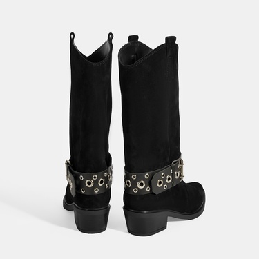  Kadın Siyah Ayarlanabilir Kemer Aksesuarlı Süet Bot