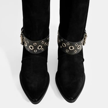  Kadın Siyah Ayarlanabilir Kemer Aksesuarlı Süet Bot