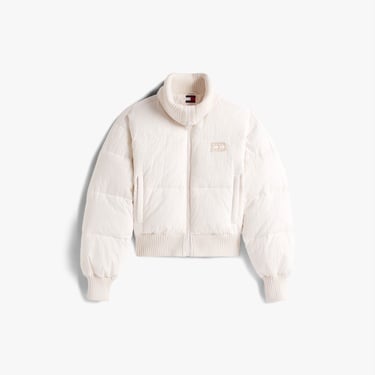  Tommy Hilfiger Crop Ribbed Detail Puffer Kadın Beyaz Mont