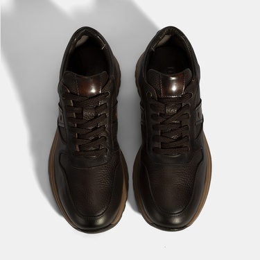  Erkek Kahve Bağcıklı Deri Sneaker