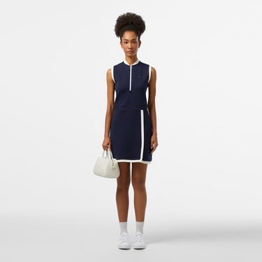  Kadın Regular Fit Kolsuz Yarım Fermuarlı Renk Bloklu Lacivert Elbise