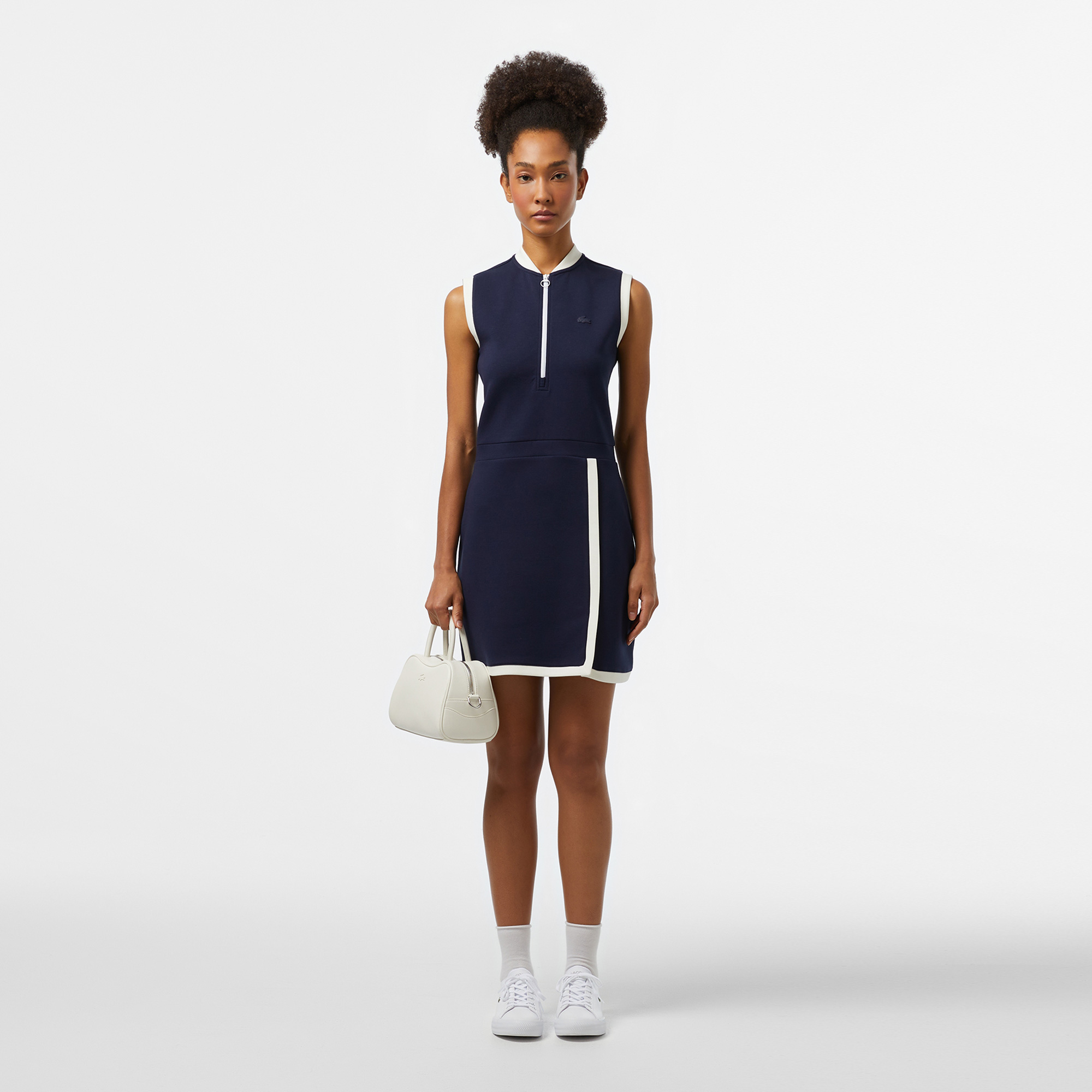  Kadın Regular Fit Kolsuz Yarım Fermuarlı Renk Bloklu Lacivert Elbise