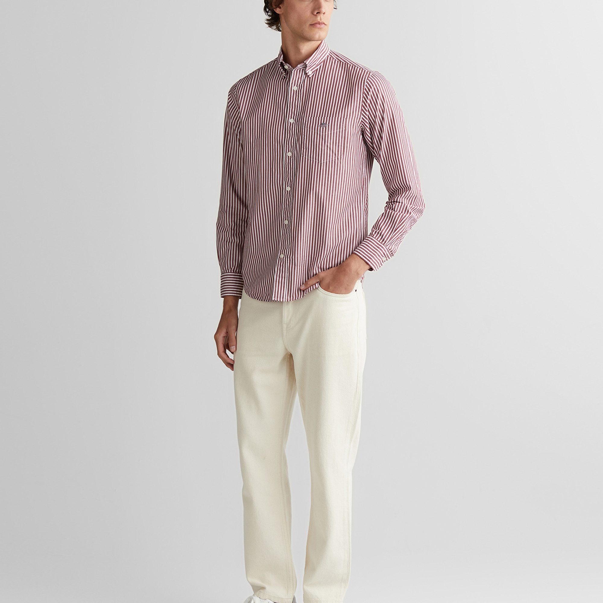 GANT Erkek Bordo Regular Fit Düğmeli Yaka Çizgili Poplin Gömlek