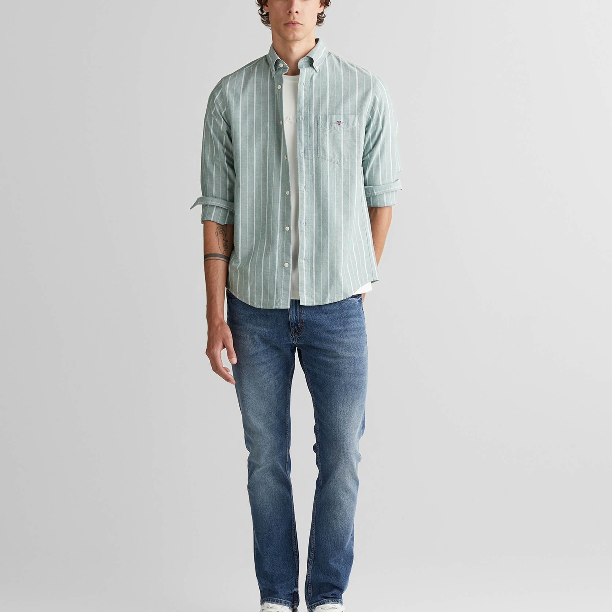 GANT Erkek Yeşil Regular Fit Düğmeli Yaka Çizgili Oxford Gömlek