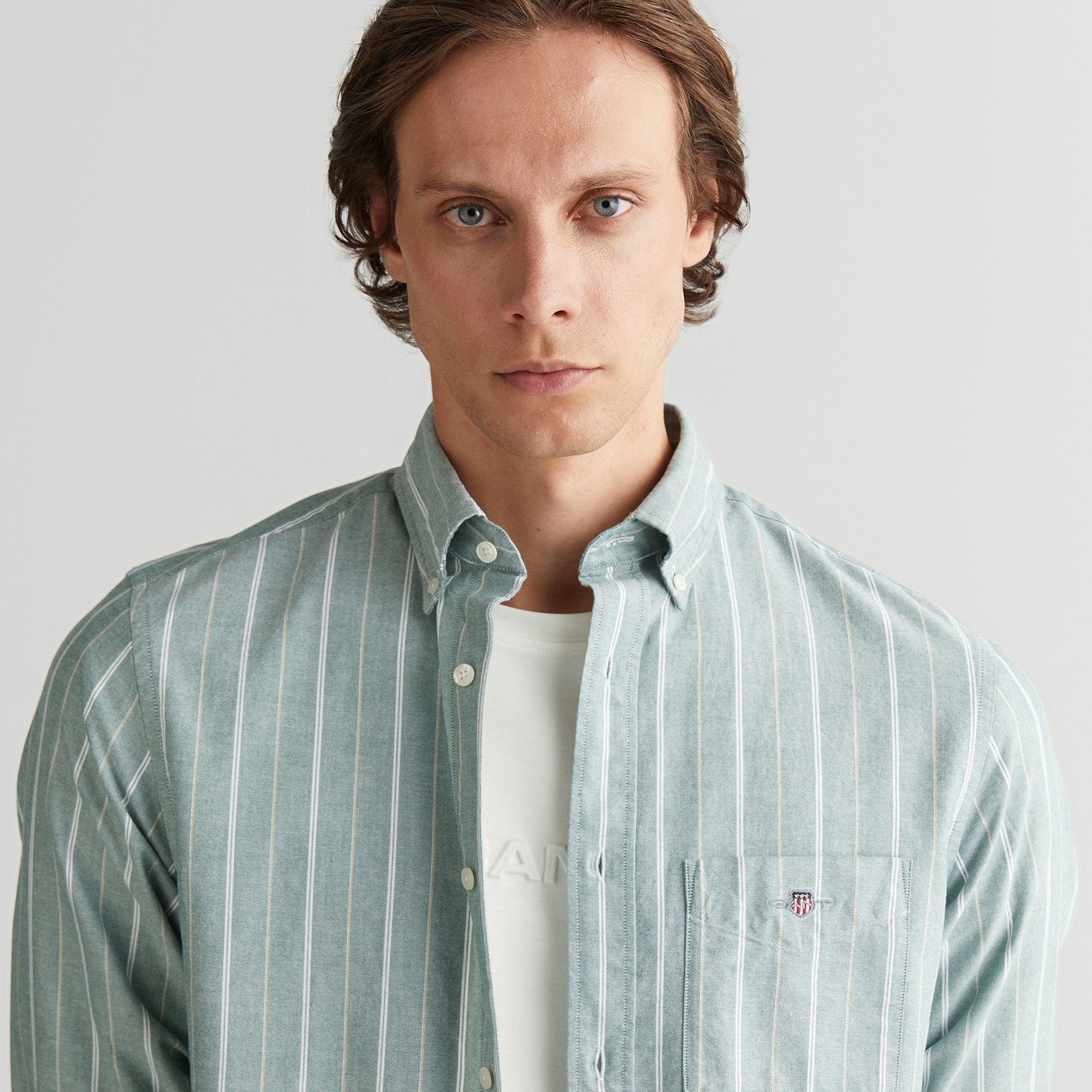 GANT Erkek Yeşil Regular Fit Düğmeli Yaka Çizgili Oxford Gömlek