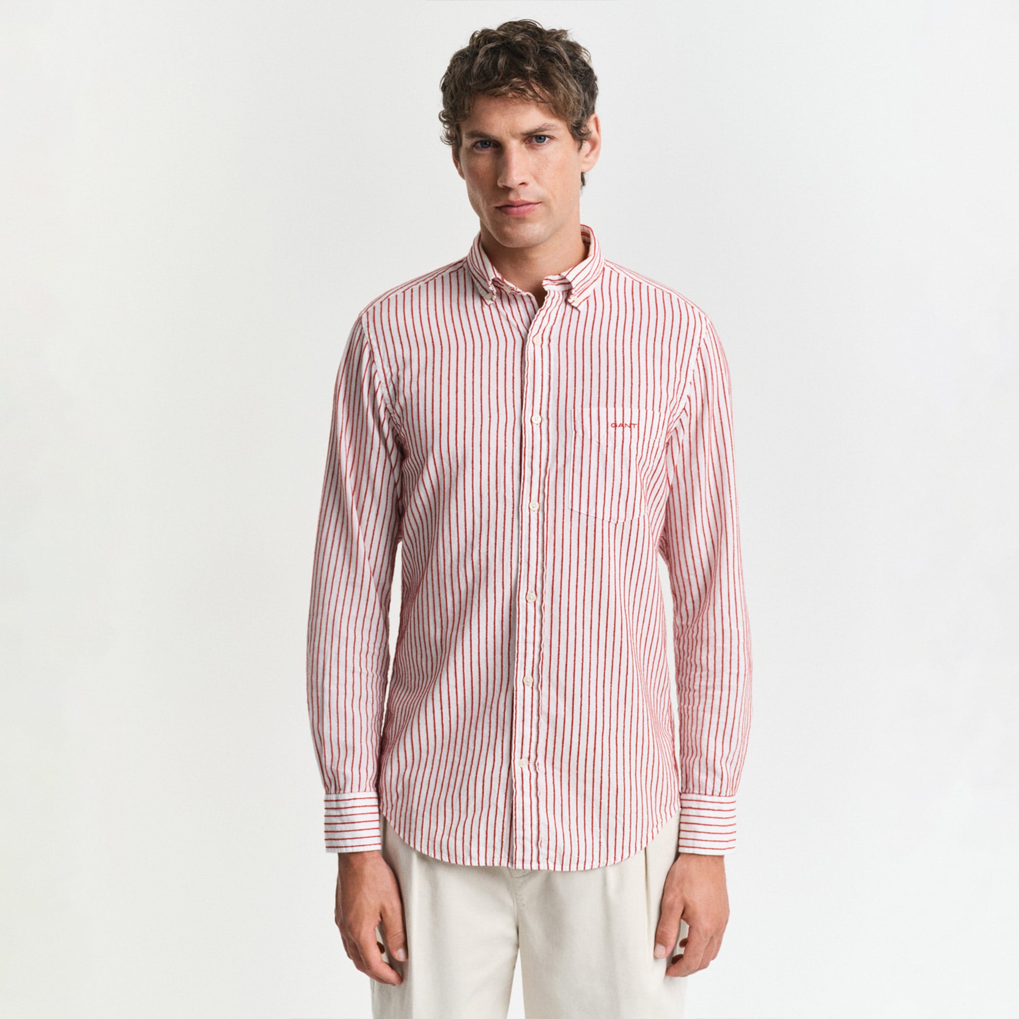  GANT Erkek Kırmızı Regular Fit Düğmeli Yaka Çizgili Gömlek