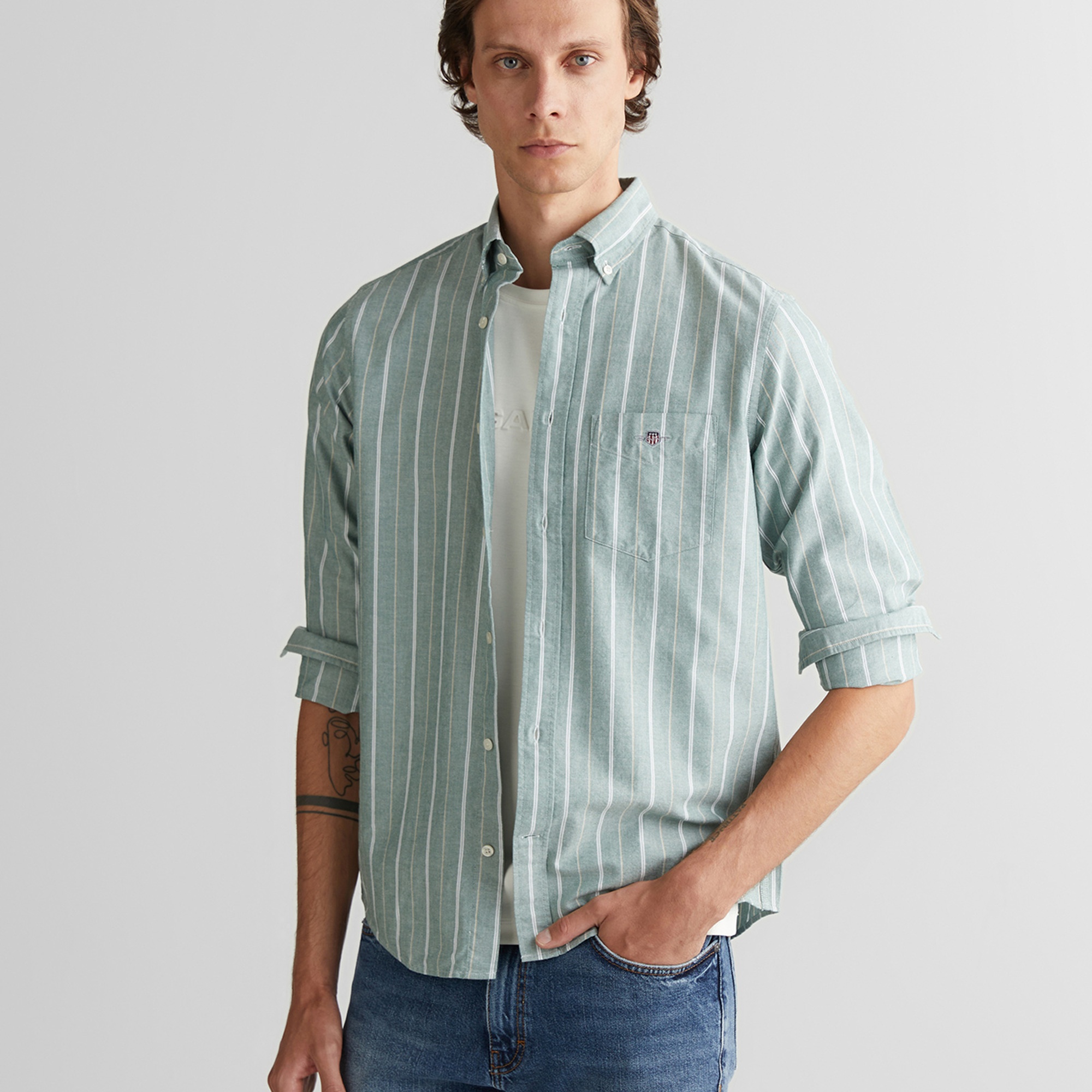 GANT Erkek Yeşil Regular Fit Düğmeli Yaka Çizgili Oxford Gömlek