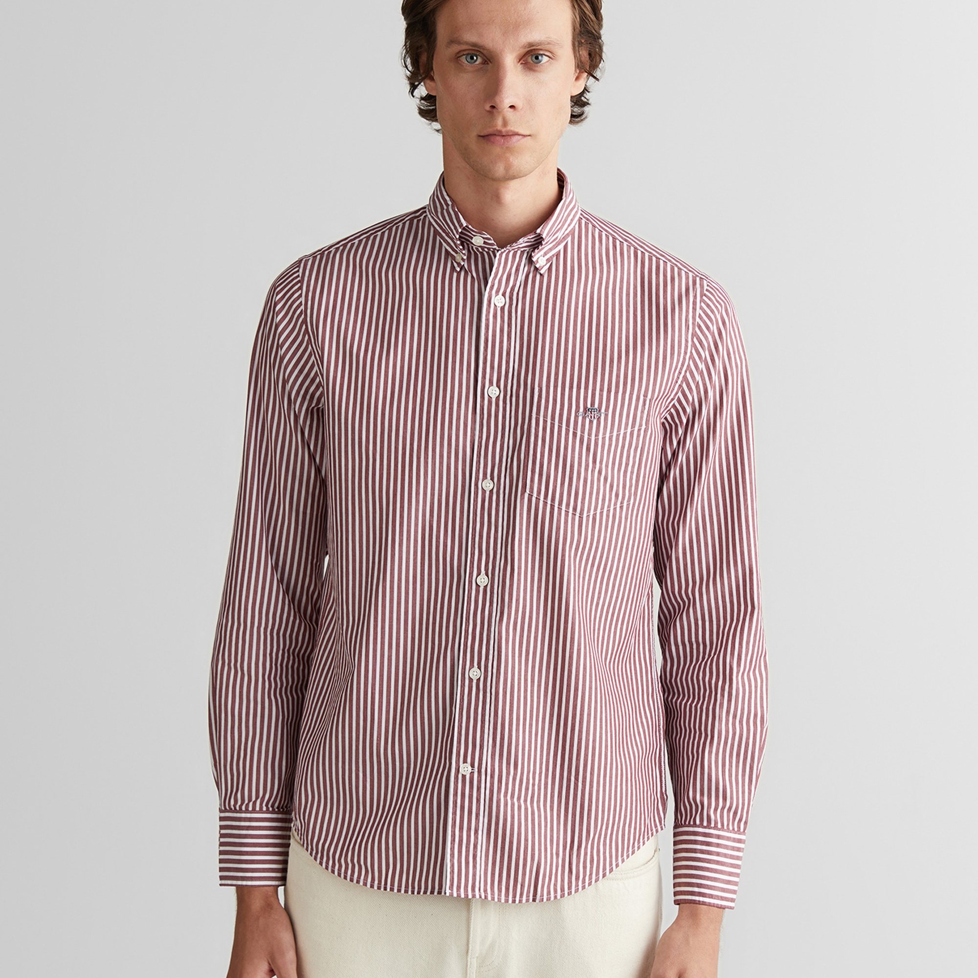 GANT Erkek Bordo Regular Fit Düğmeli Yaka Çizgili Poplin Gömlek