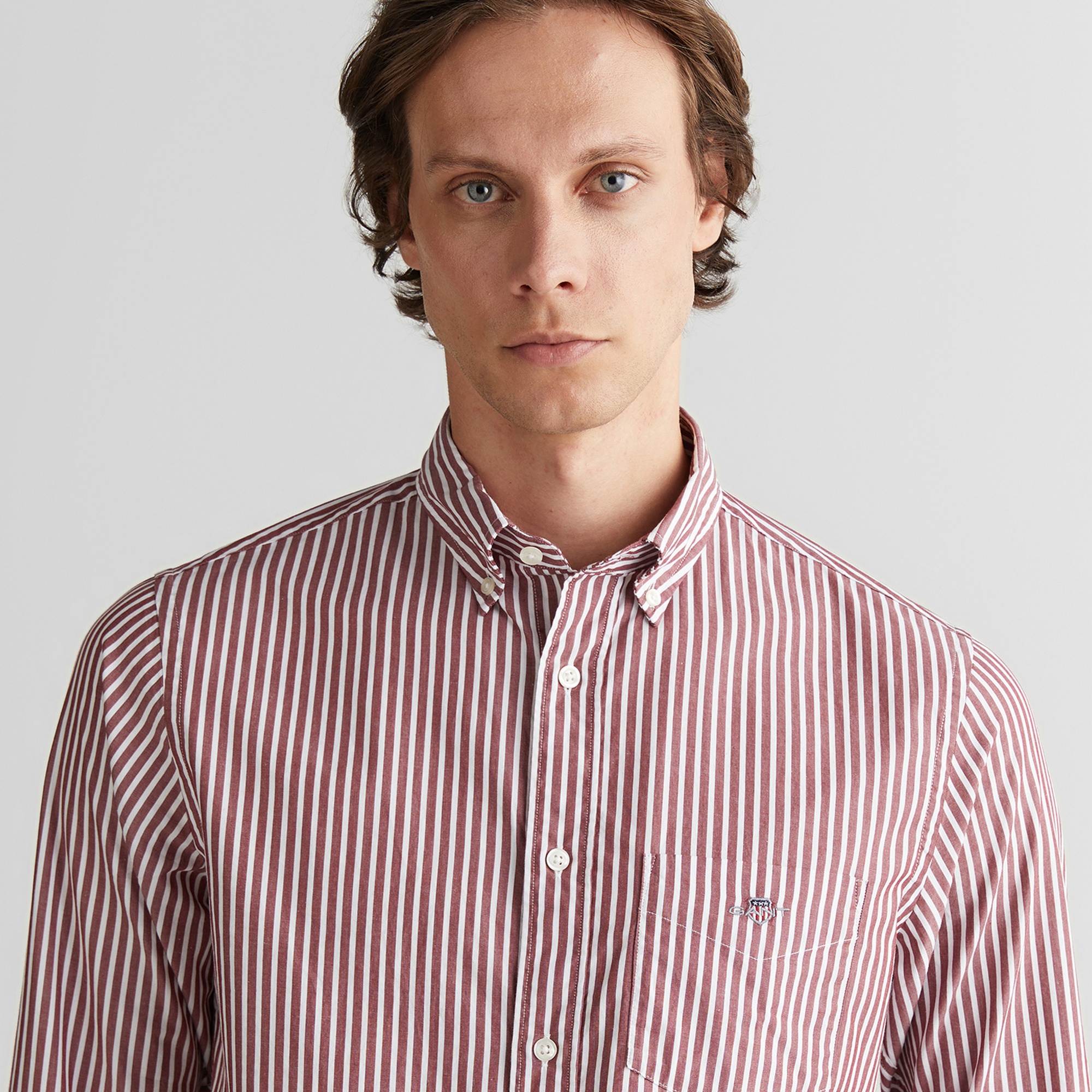 GANT Erkek Bordo Regular Fit Düğmeli Yaka Çizgili Poplin Gömlek