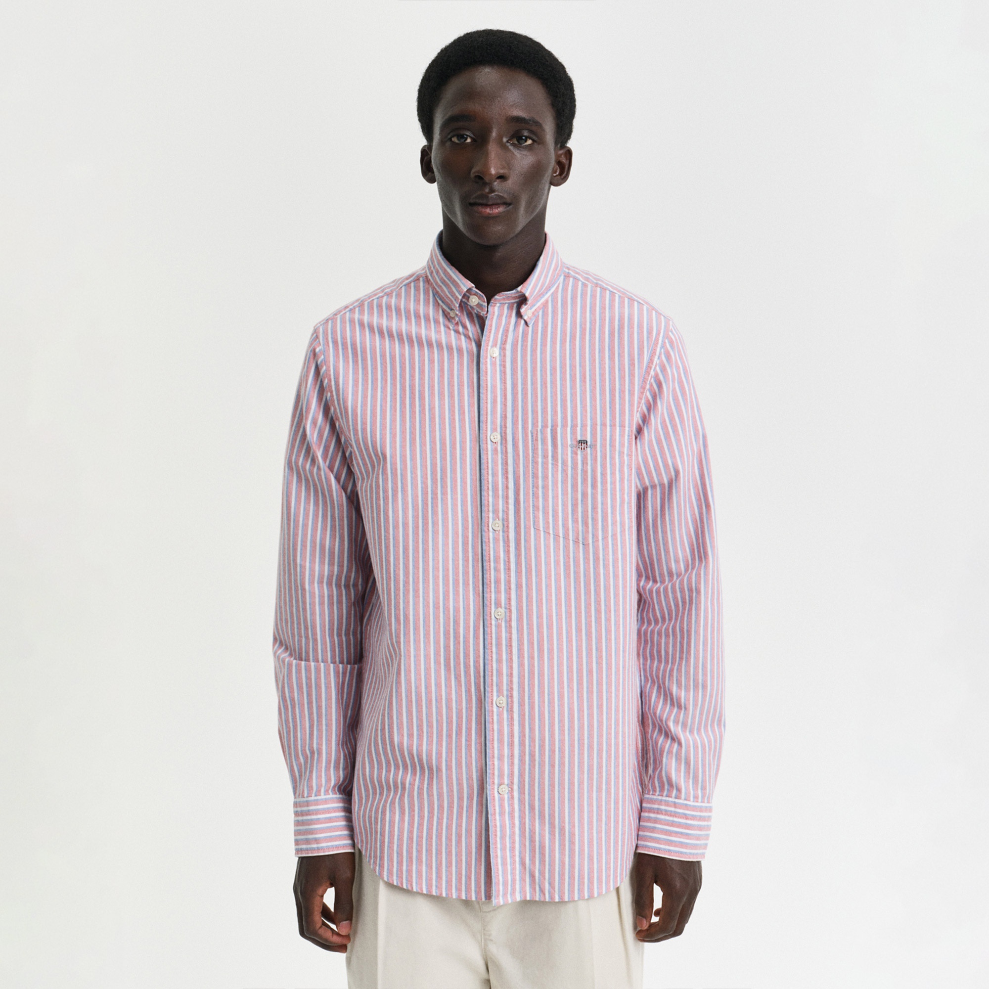 GANT Erkek Kırmızı Regular Fit Düğmeli Yaka Çizgili Gömlek