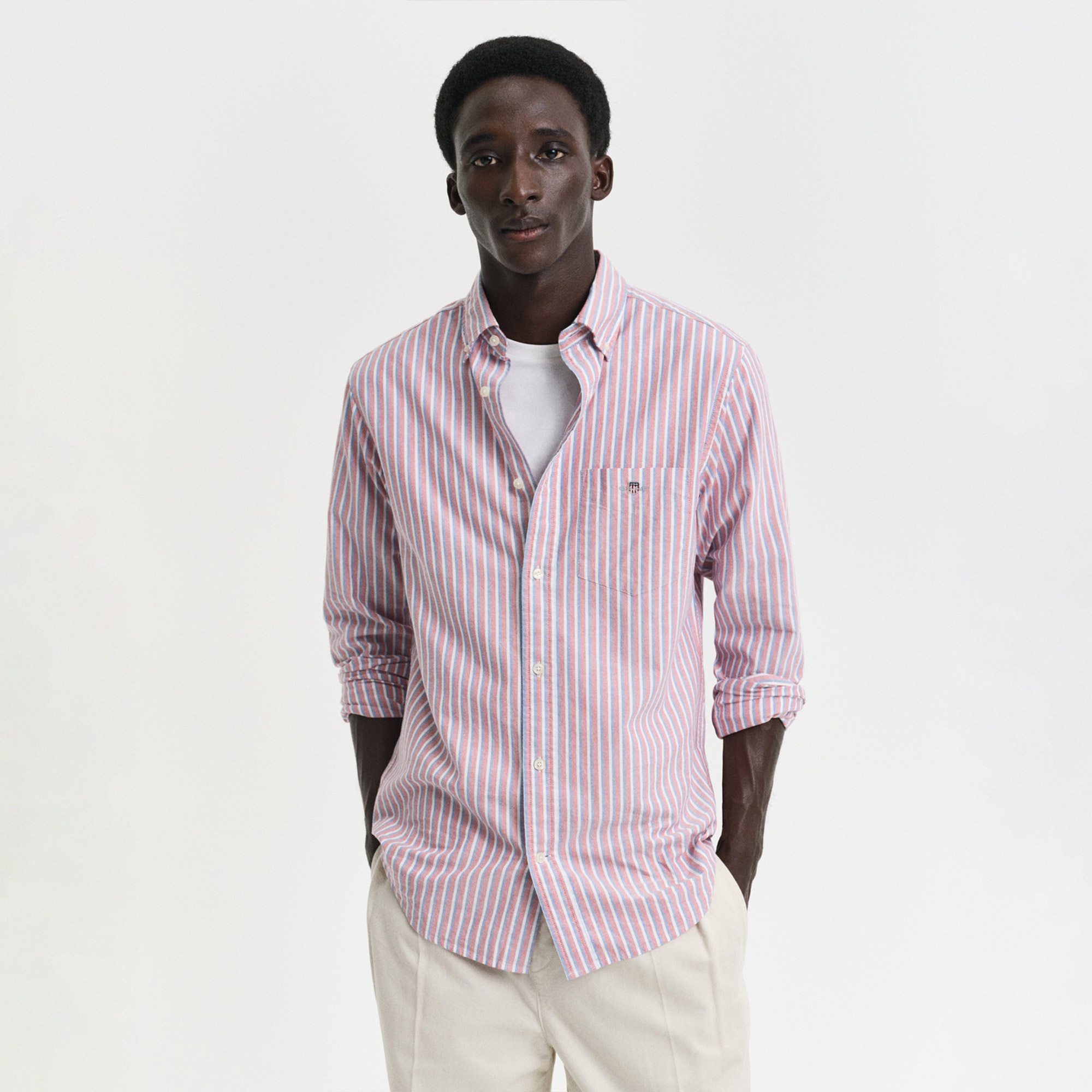 GANT Erkek Kırmızı Regular Fit Düğmeli Yaka Çizgili Gömlek