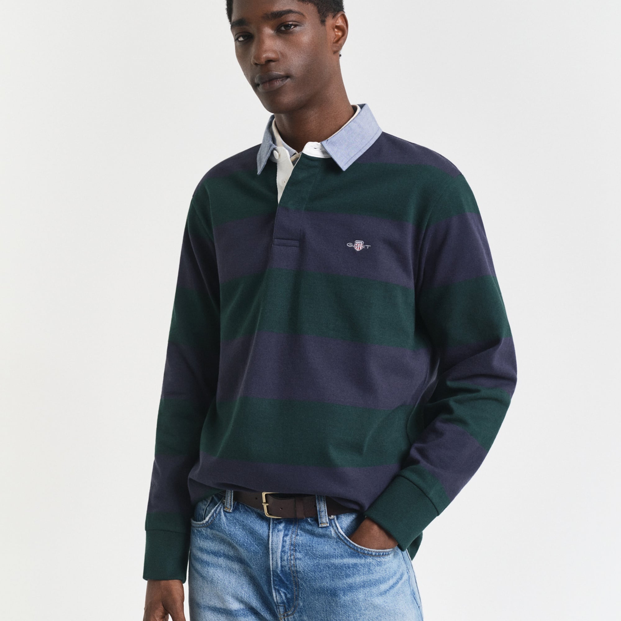 GANT Erkek Yeşil Regular Fit Uzun Kollu Çizgili Rugby T-Shirt