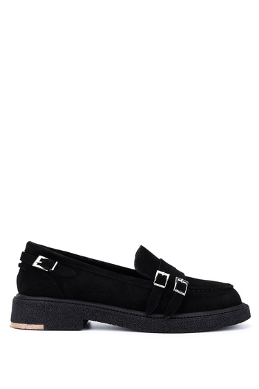  Tamer Tanca Kadın Hakiki Deri Siyah Süet Loafer Ayakkabı