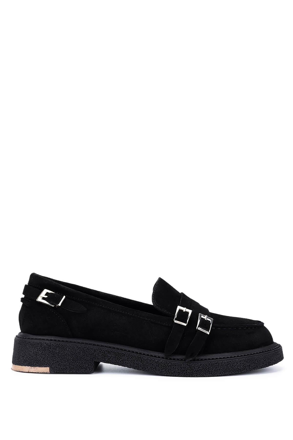  Tamer Tanca Kadın Hakiki Deri Siyah Süet Loafer Ayakkabı