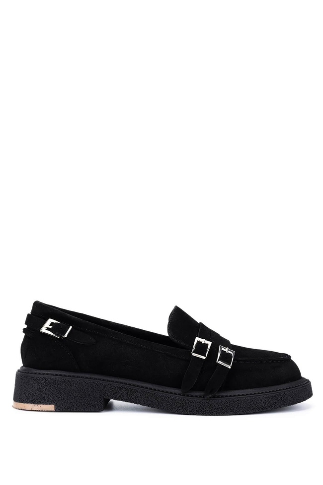  Tamer Tanca Kadın Hakiki Deri Siyah Süet Loafer Ayakkabı