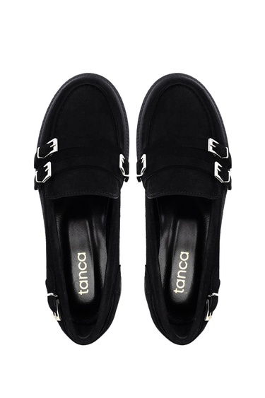 Tamer Tanca Kadın Hakiki Deri Siyah Süet Loafer Ayakkabı