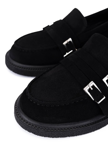  Tamer Tanca Kadın Hakiki Deri Siyah Süet Loafer Ayakkabı