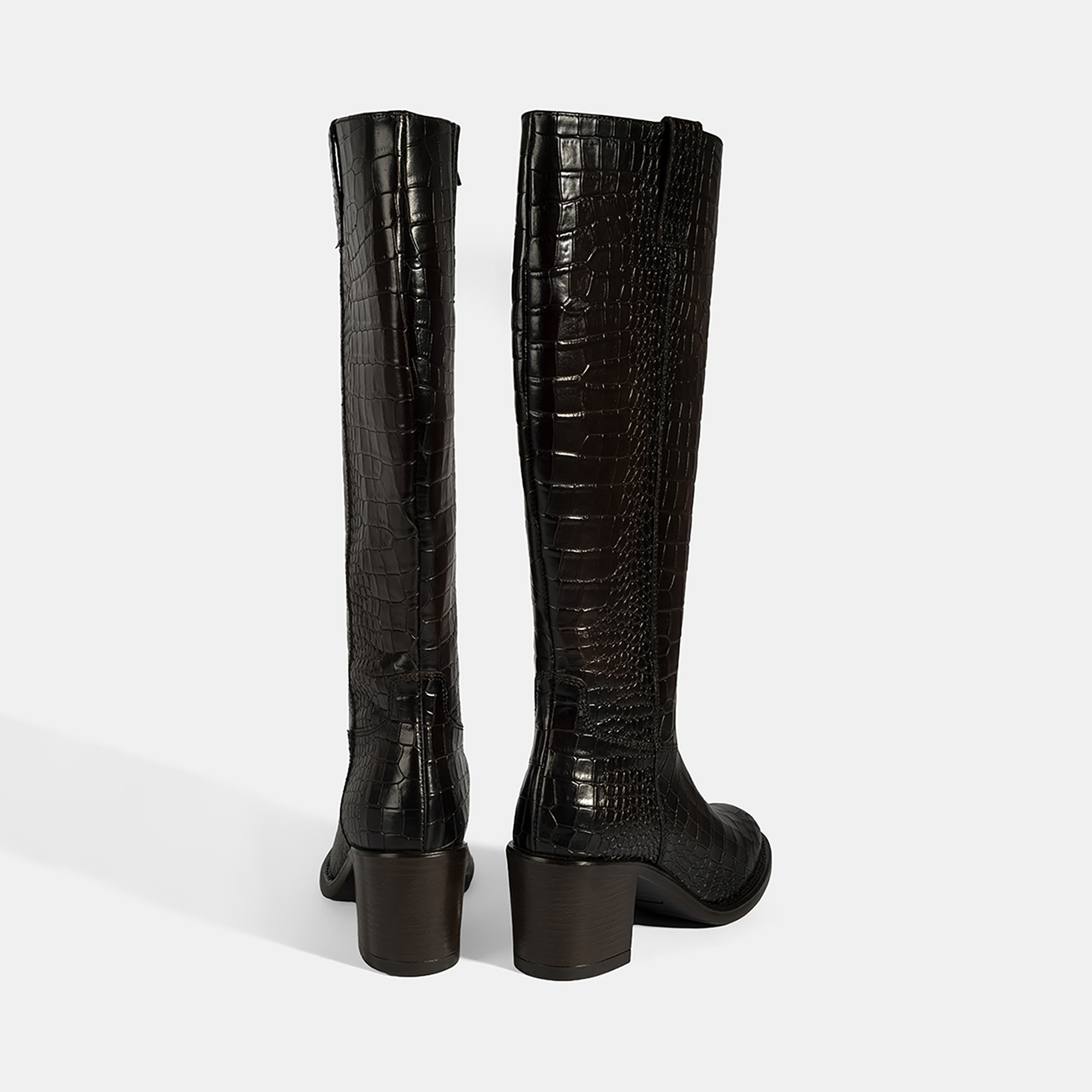 DESA Kadın Kahve Kroko Baskılı Kalın Topuklu Deri Çizme