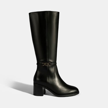  Kadın Siyah Metal Aksesuarlı Deri Çizme