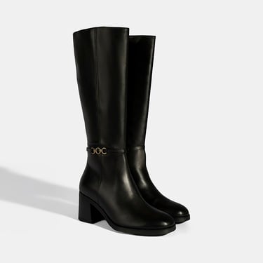  Kadın Siyah Metal Aksesuarlı Deri Çizme