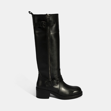  Kadın Siyah Metal Toka Detaylı Deri Çizme