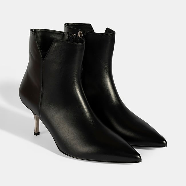  Kadın Siyah İnce Topuklu Sivri Burunlu Deri Bot