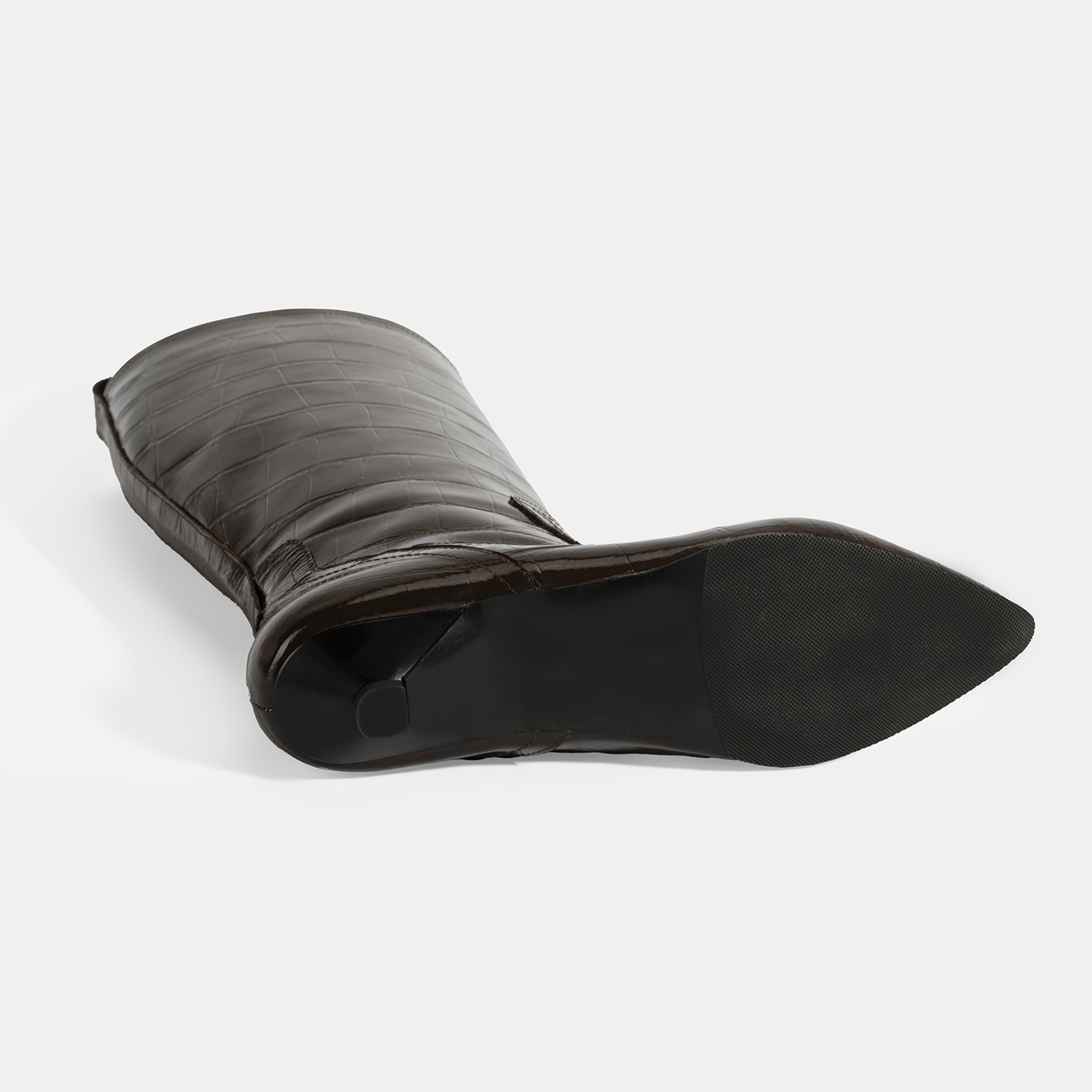 Kadın Kahve Kroko Baskılı İnce Topuklu Rugan Deri Çizme