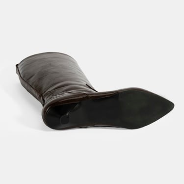  Kadın Kahve Kroko Baskılı İnce Topuklu Rugan Deri Çizme