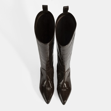  Kadın Kahve Kroko Baskılı İnce Topuklu Rugan Deri Çizme