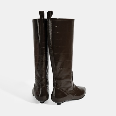  Kadın Kahve Kroko Baskılı İnce Topuklu Rugan Deri Çizme