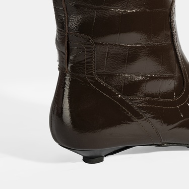  Kadın Kahve Kroko Baskılı İnce Topuklu Rugan Deri Çizme