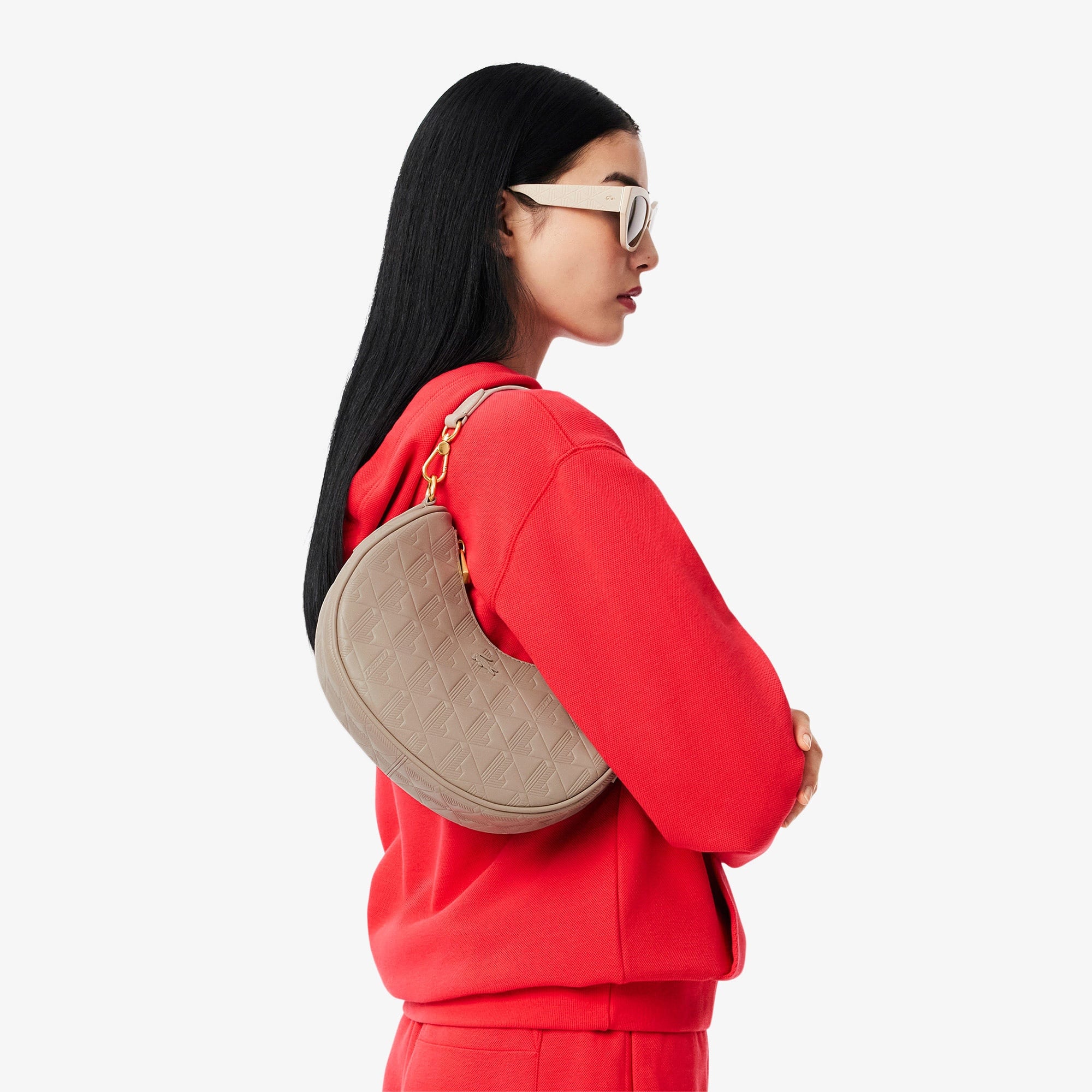 Lacoste Maheki Kadın Monogram Deri Bej Omuz Çantası