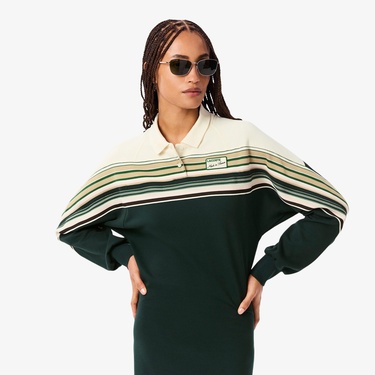  Lacoste Kadın Slim Fit Uzun Kollu Polo Yaka Renk Bloklu Koyu Yeşil Elbise