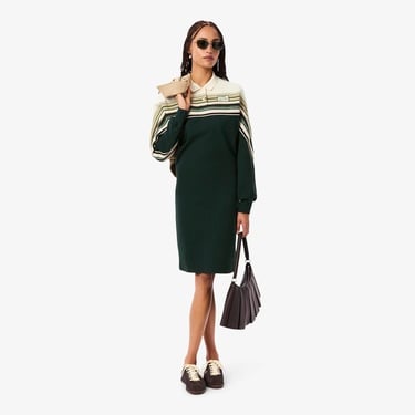  Lacoste Kadın Slim Fit Uzun Kollu Polo Yaka Renk Bloklu Koyu Yeşil Elbise