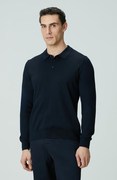  Network Erkek Lacivert Polo Yaka Yün Karışımlı Triko Kazak
