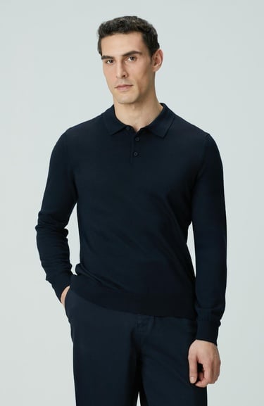  Network Erkek Lacivert Polo Yaka Yün Karışımlı Triko Kazak