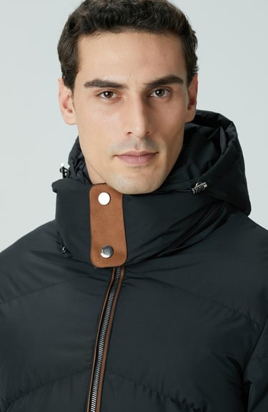  Network Erkek Siyah Su İtici Özellikli Deri Garnili Mont