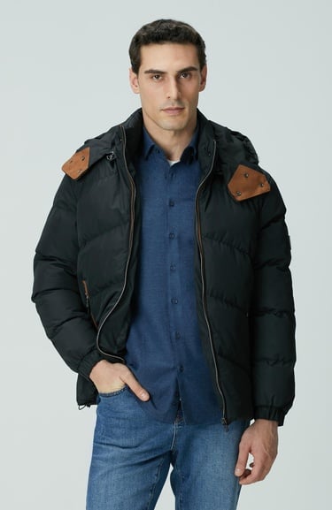  Network Erkek Siyah Su İtici Özellikli Deri Garnili Mont
