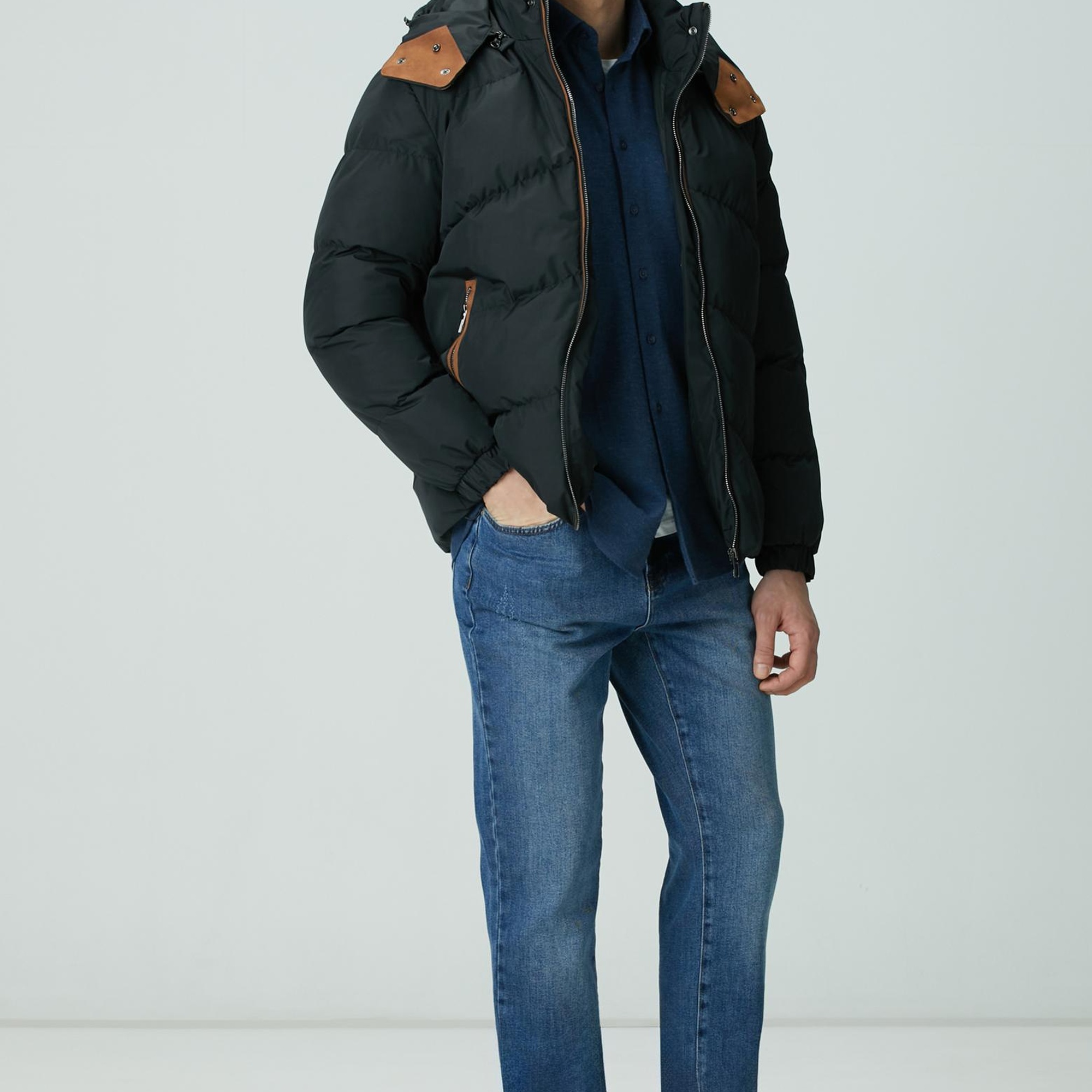 Network Erkek Siyah Su İtici Özellikli Deri Garnili Mont