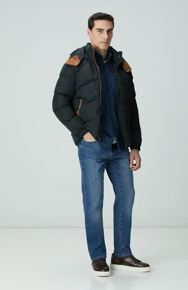  Network Erkek Siyah Su İtici Özellikli Deri Garnili Mont