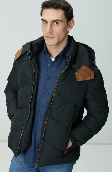  Network Erkek Siyah Su İtici Özellikli Deri Garnili Mont
