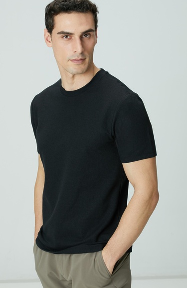  Network Erkek Siyah Bisiklet Yaka Jakarlı T-shirt