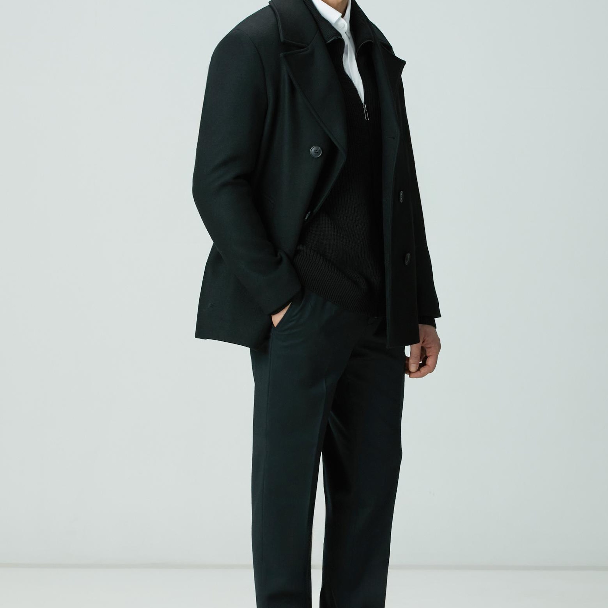 Network Erkek Siyah Kruvaze Yaka Diyagonal Kaban